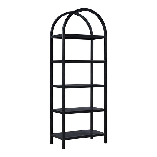 80" Black Oak Wood Five Tier Arched Top Bookcase HomeRoots
