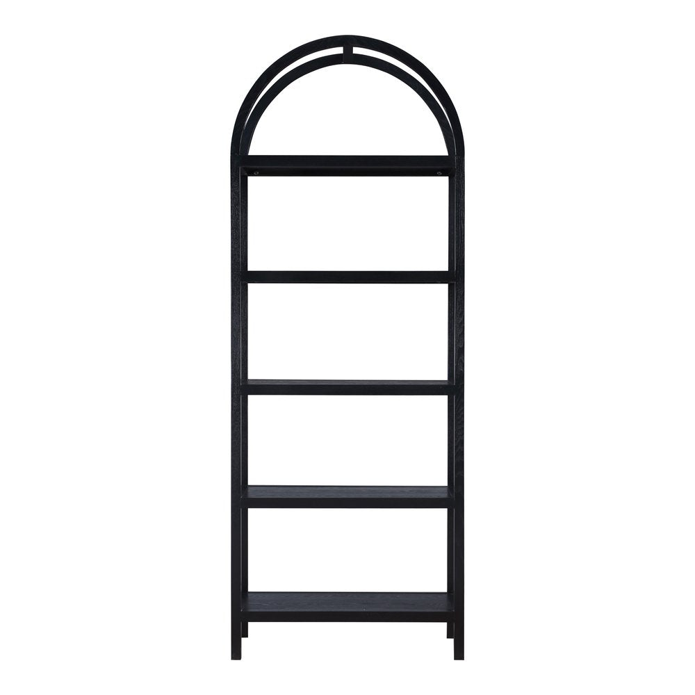80" Black Oak Wood Five Tier Arched Top Bookcase HomeRoots