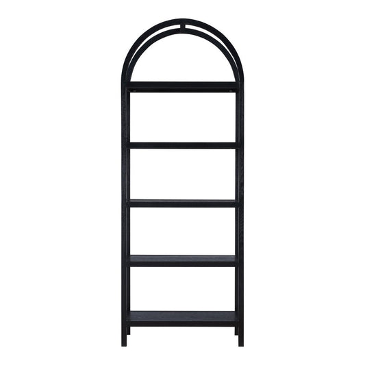 80" Black Oak Wood Five Tier Arched Top Bookcase HomeRoots