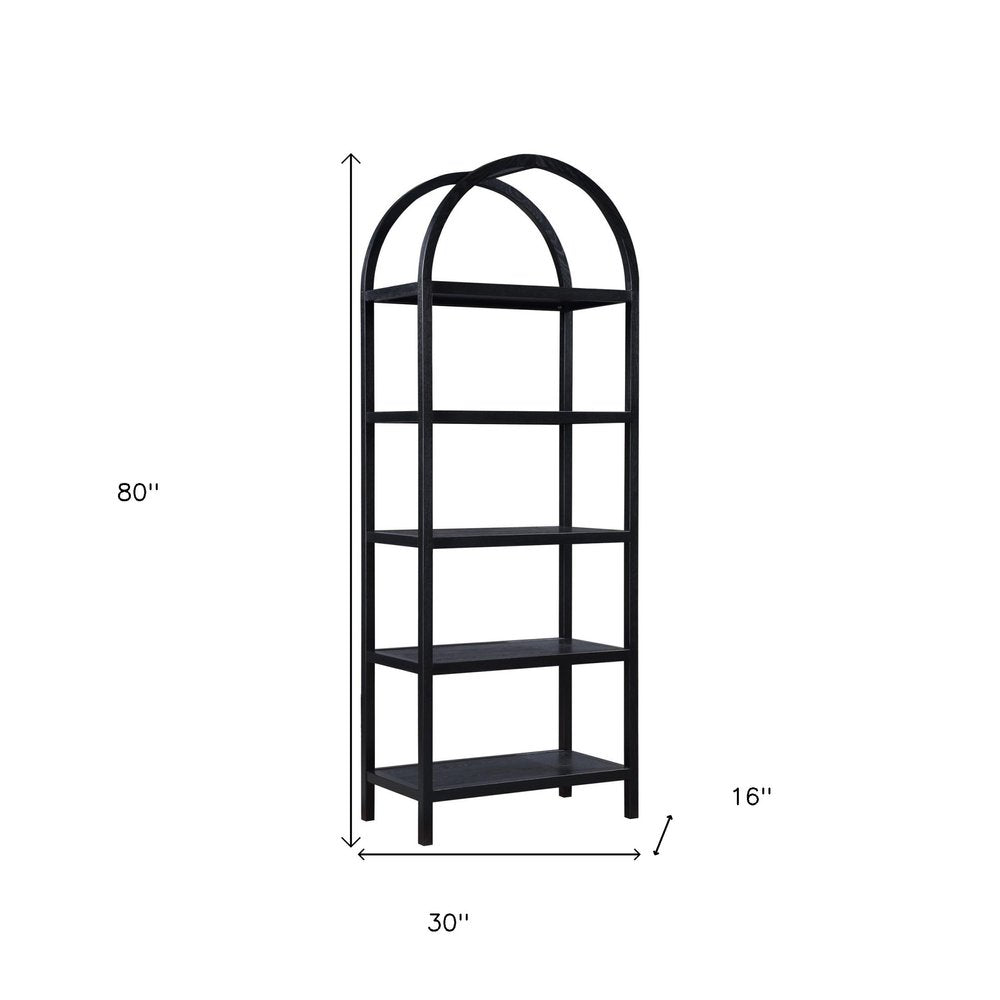 80" Black Oak Wood Five Tier Arched Top Bookcase HomeRoots