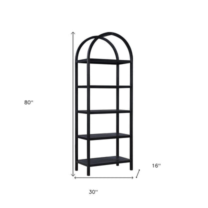 80" Black Oak Wood Five Tier Arched Top Bookcase HomeRoots