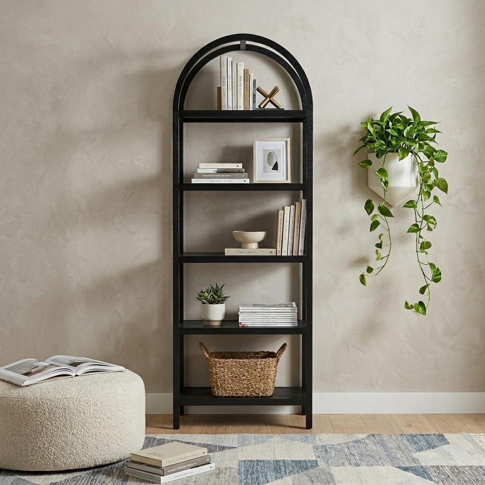 80" Black Oak Wood Five Tier Arched Top Bookcase HomeRoots