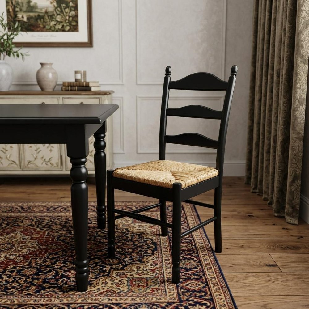 Straw and Black Solid Wood and Rush Ladder Back Dining Side Chair HomeRoots