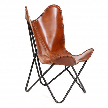 32" Brown and Black Genuine Leather Butterfly Chair HomeRoots