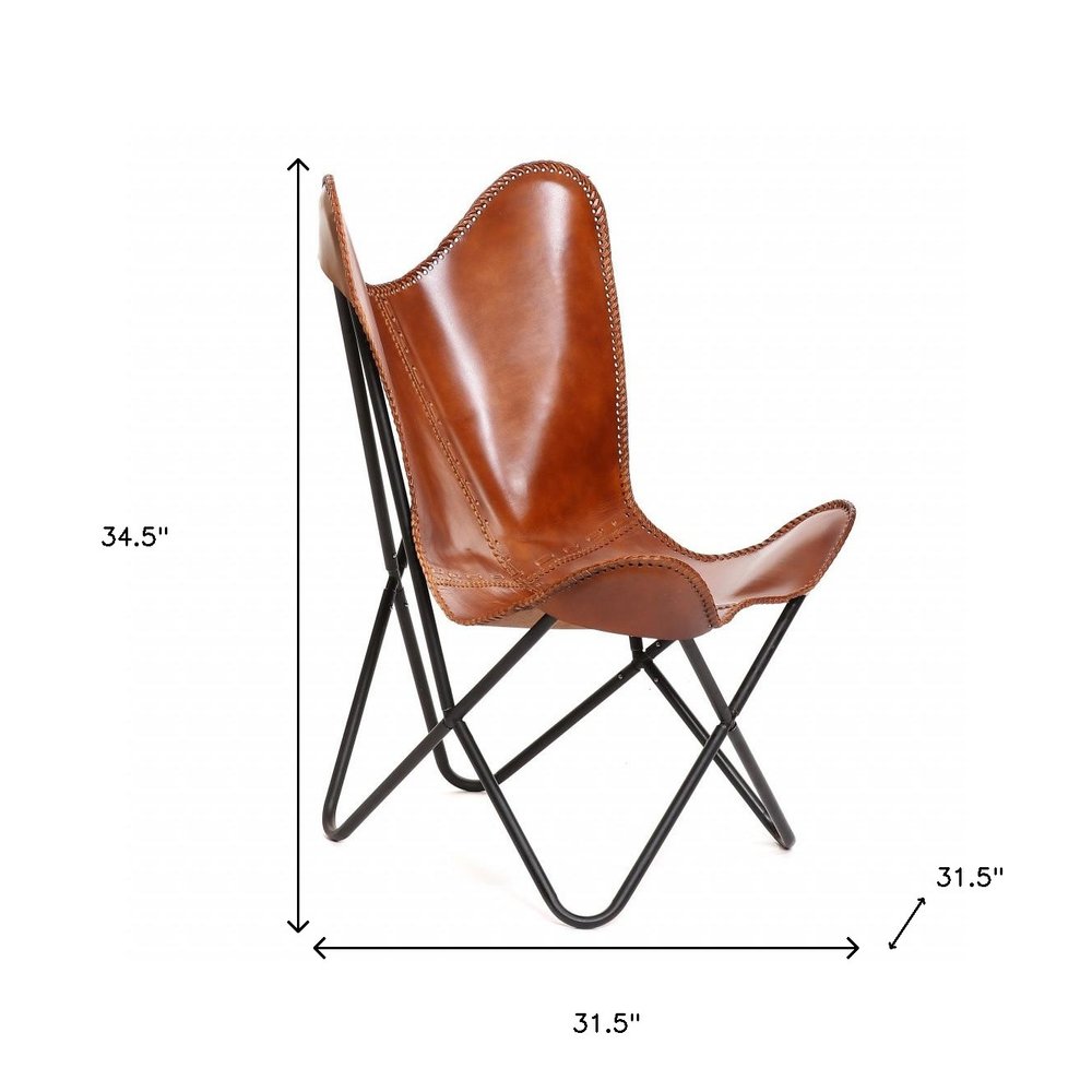 32" Brown and Black Genuine Leather Butterfly Chair HomeRoots