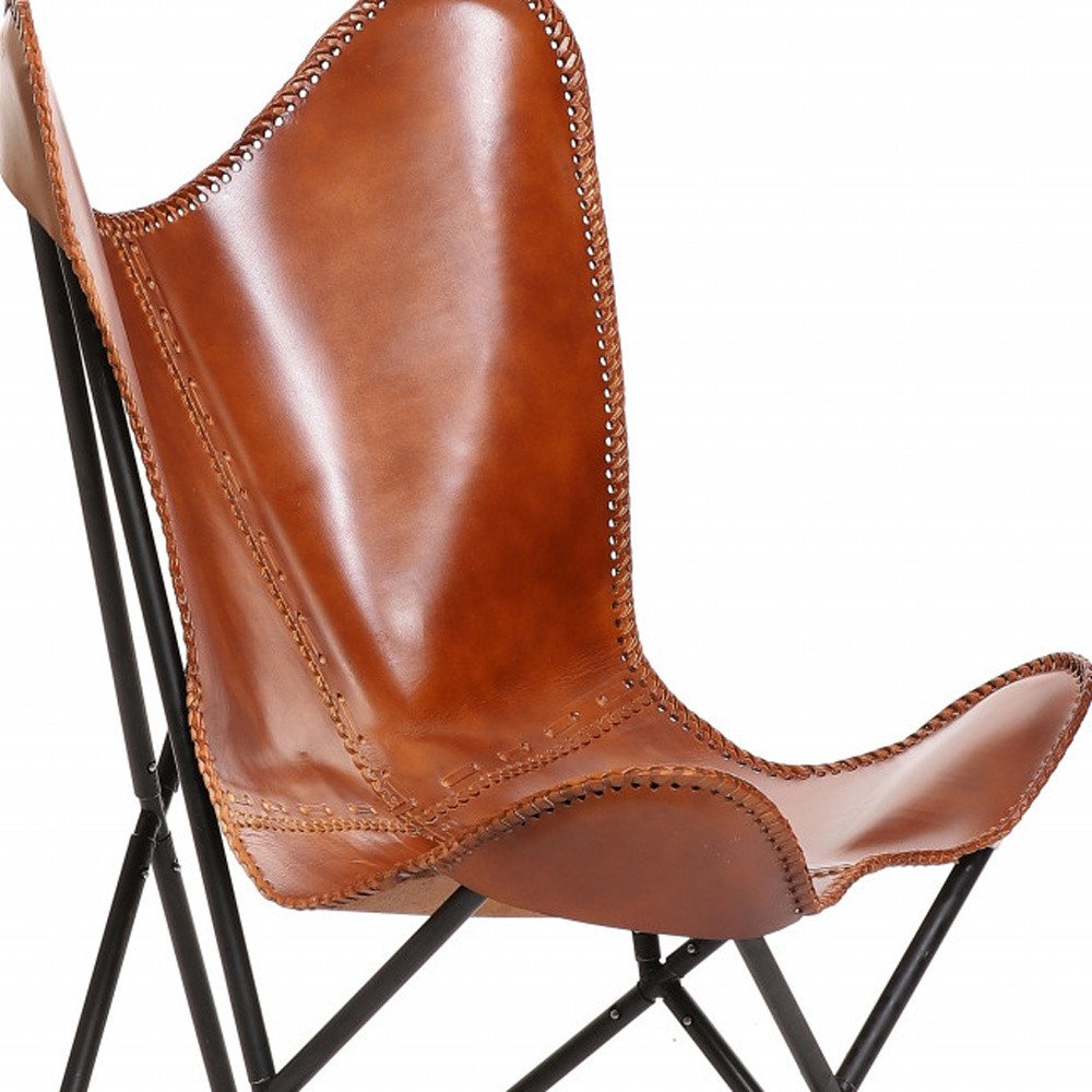 32" Brown and Black Genuine Leather Butterfly Chair HomeRoots