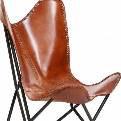 32" Brown and Black Genuine Leather Butterfly Chair HomeRoots