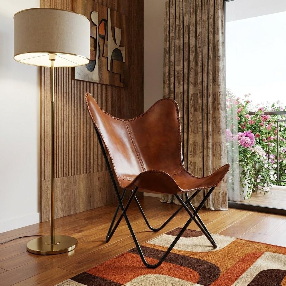 32" Brown and Black Genuine Leather Butterfly Chair HomeRoots