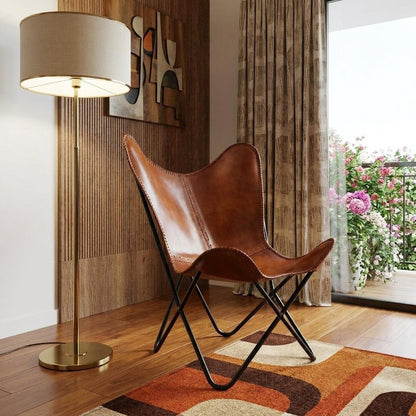 32" Brown and Black Genuine Leather Butterfly Chair HomeRoots