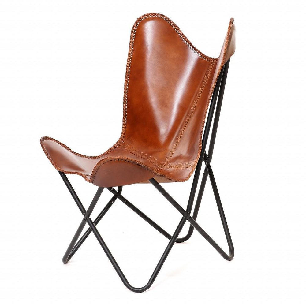32" Brown and Black Genuine Leather Butterfly Chair HomeRoots