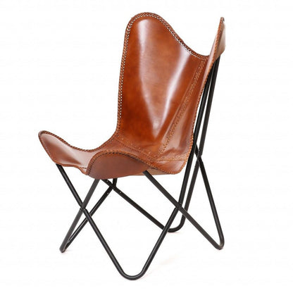 32" Brown and Black Genuine Leather Butterfly Chair HomeRoots