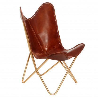 32" Brown And Gold Genuine Leather Butterfly Chair