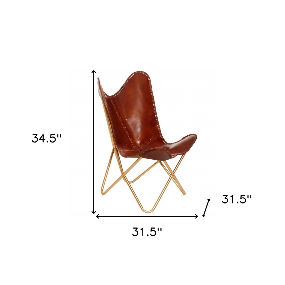 32" Brown and Gold Genuine Leather Butterfly Chair HomeRoots