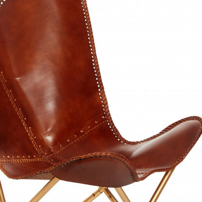 32" Brown and Gold Genuine Leather Butterfly Chair HomeRoots