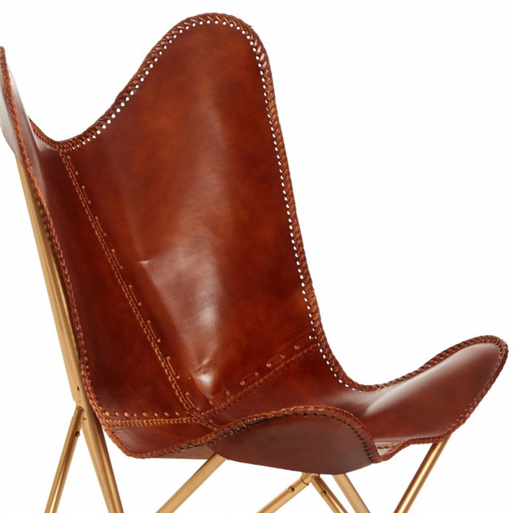 32" Brown and Gold Genuine Leather Butterfly Chair HomeRoots