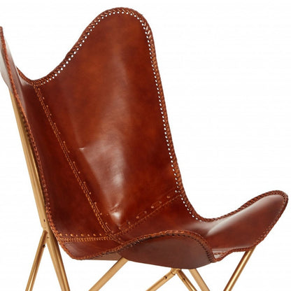 32" Brown and Gold Genuine Leather Butterfly Chair HomeRoots