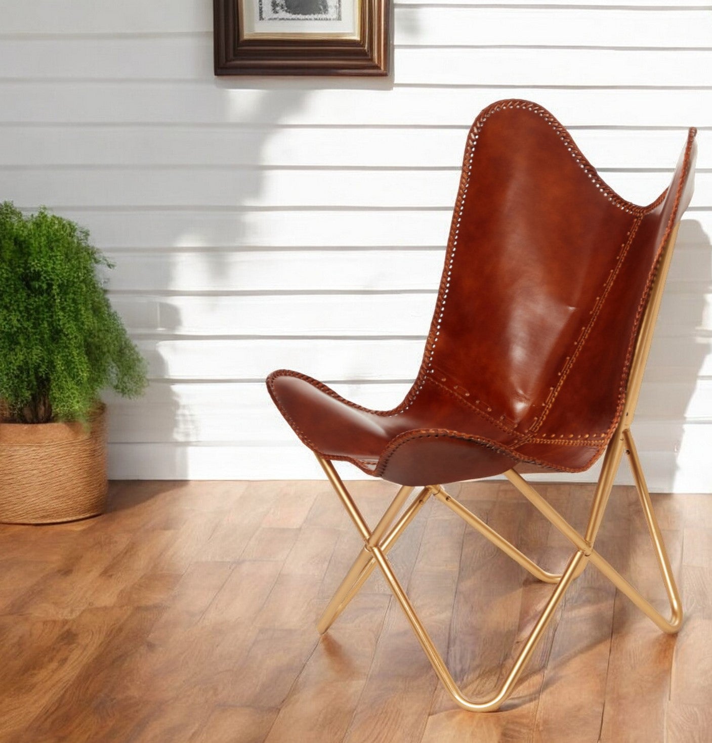 32" Brown And Gold Genuine Leather Butterfly Chair