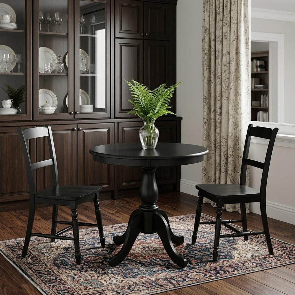 30" Black Rounded Solid Manufactured Wood And Solid Wood Pedestal Base Dining Table HomeRoots