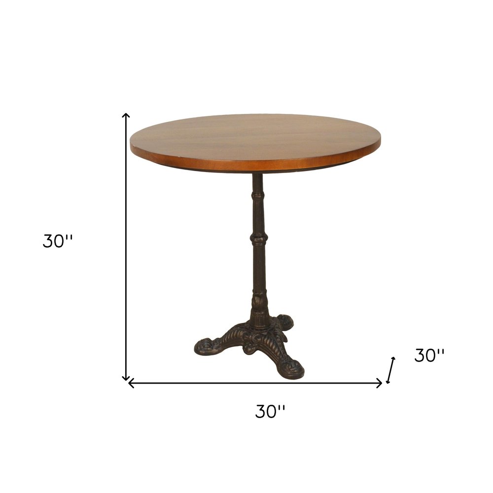 30" Chestnut And Black Rounded Solid Wood And Iron Pedestal Base Dining Table HomeRoots