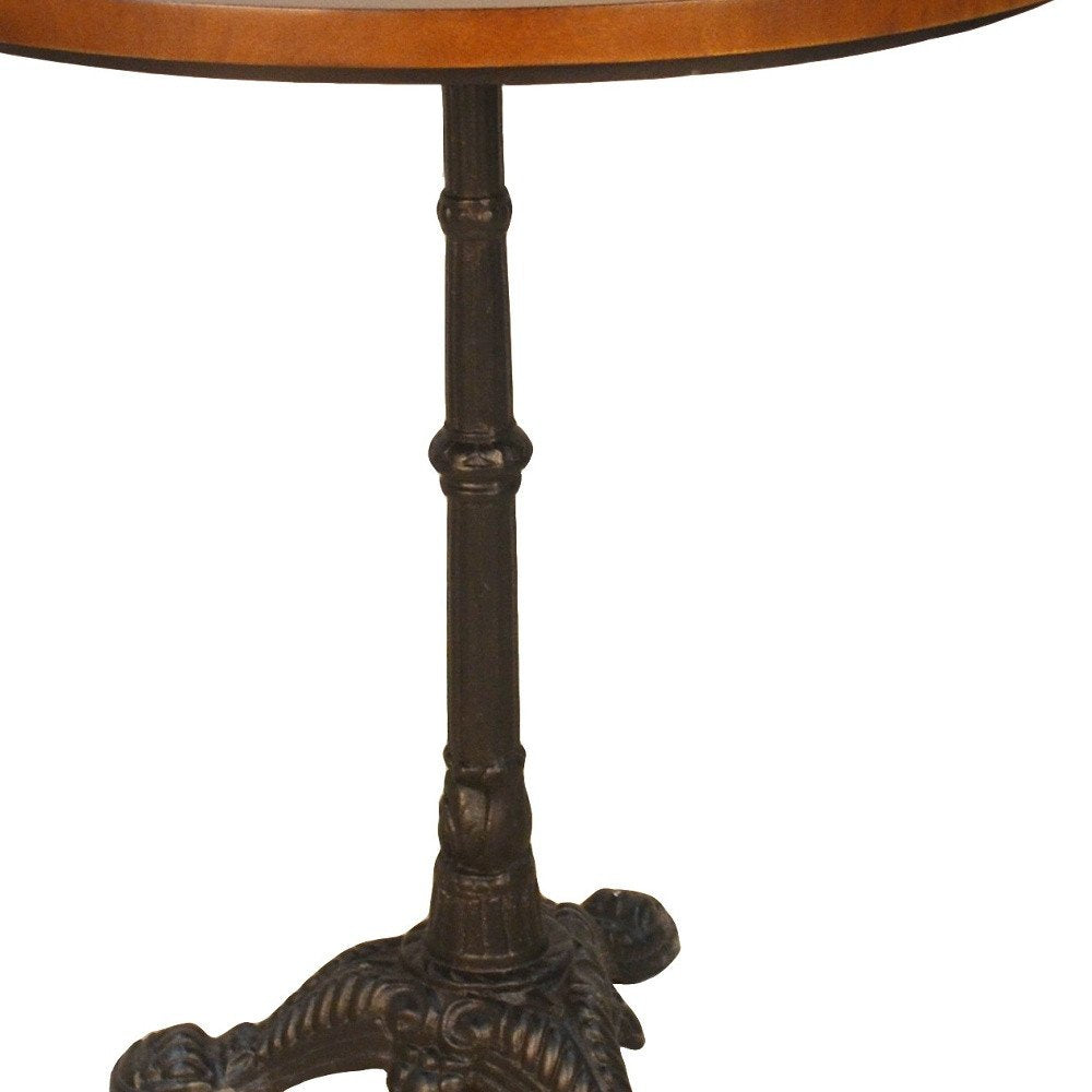 30" Chestnut And Black Rounded Solid Wood And Iron Pedestal Base Dining Table HomeRoots