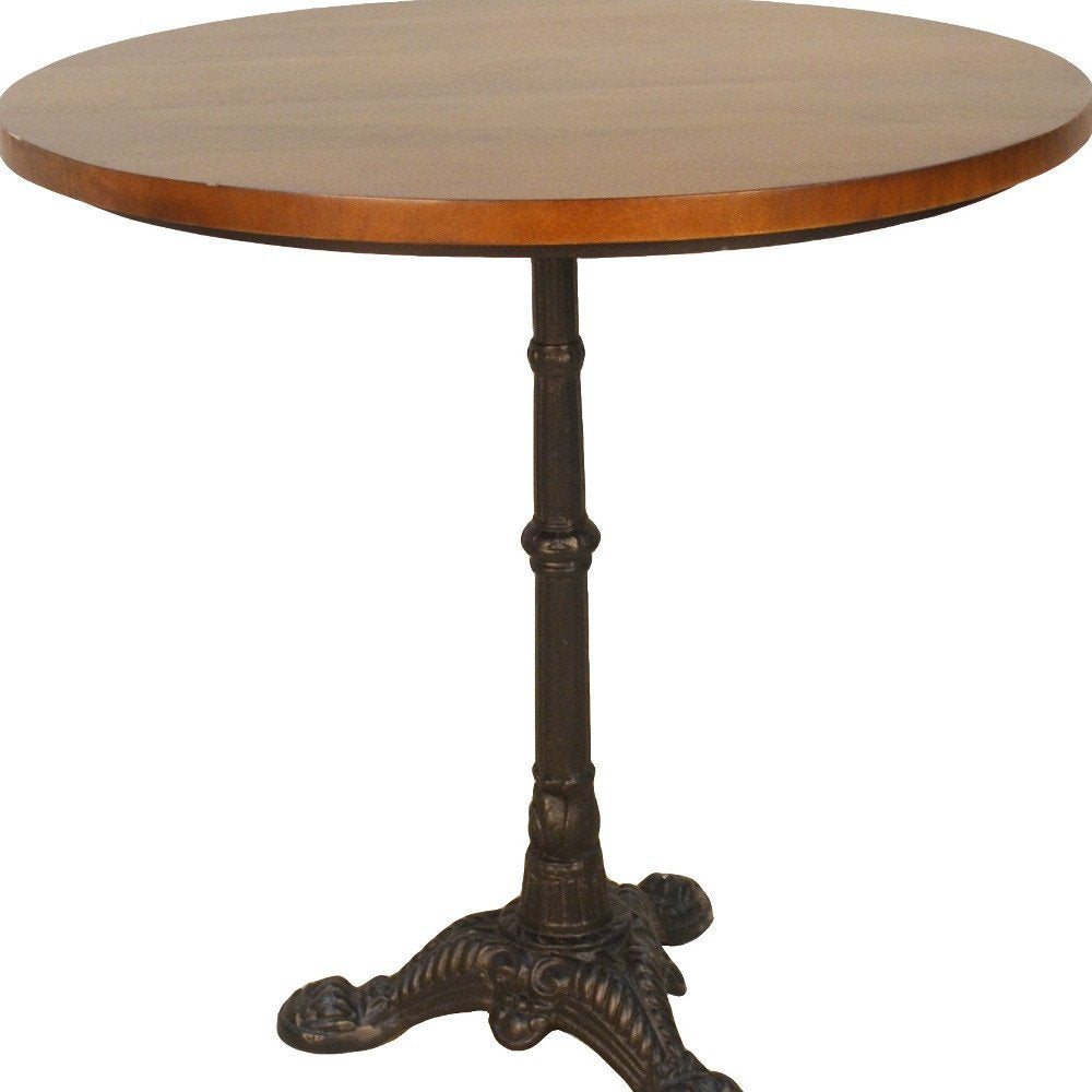30" Chestnut And Black Rounded Solid Wood And Iron Pedestal Base Dining Table HomeRoots