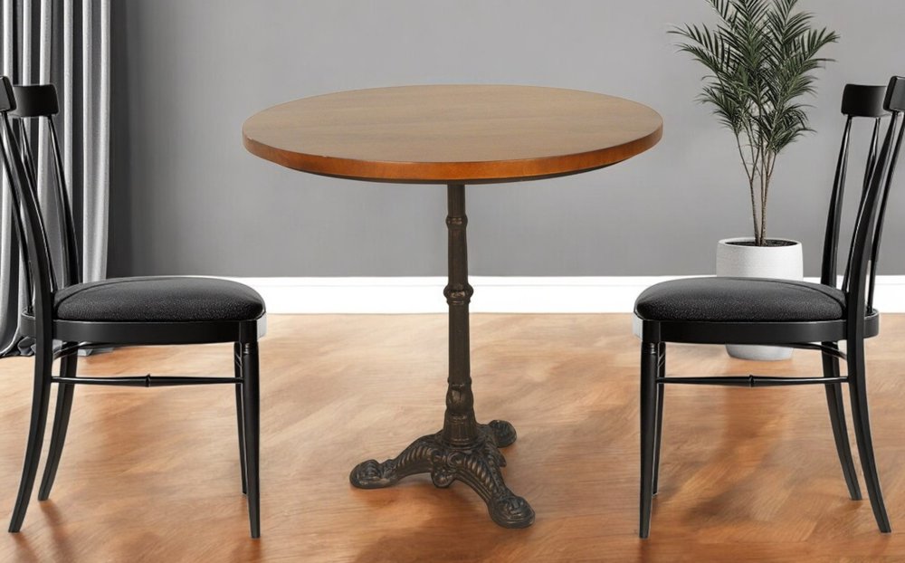 30" Chestnut And Black Rounded Solid Wood And Iron Pedestal Base Dining Table HomeRoots