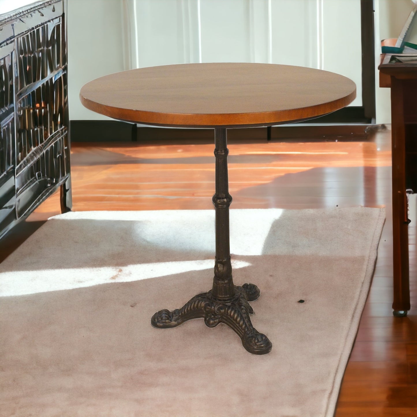 30" Chestnut And Black Rounded Solid Wood And Iron Pedestal Base Dining Table