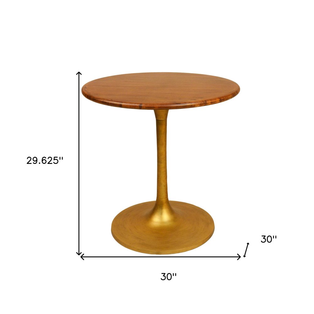 30" Brown And Gold Rounded Solid Wood And Iron Pedestal Base Dining Table HomeRoots