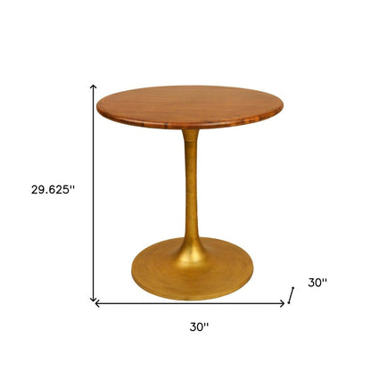 30" Brown And Gold Rounded Solid Wood And Iron Pedestal Base Dining Table HomeRoots