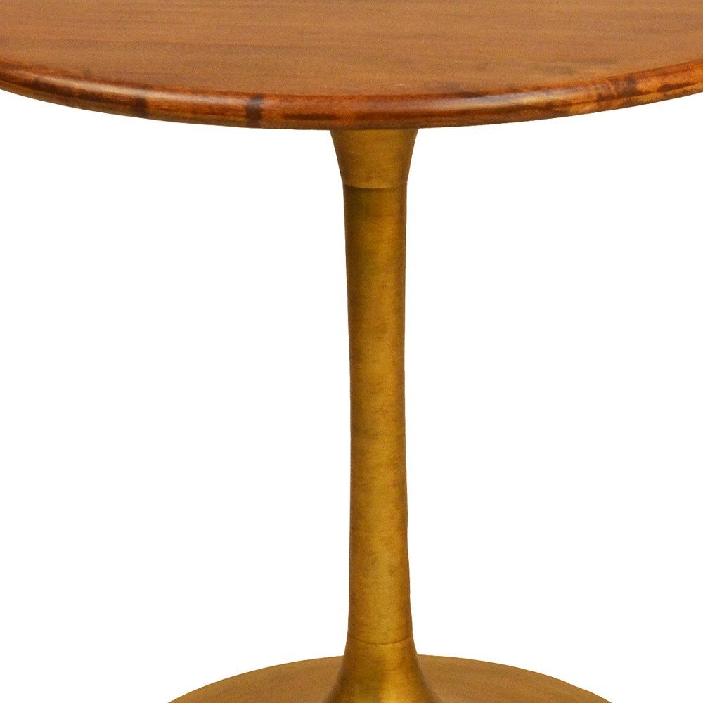 30" Brown And Gold Rounded Solid Wood And Iron Pedestal Base Dining Table HomeRoots