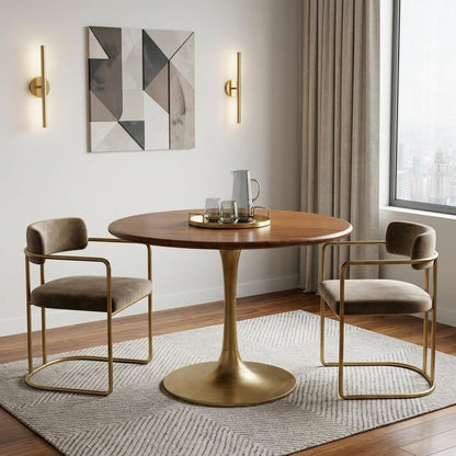 30" Brown And Gold Rounded Solid Wood And Iron Pedestal Base Dining Table HomeRoots