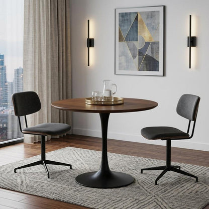 30" Brown And Black Rounded Solid Wood And Iron Pedestal Base Dining Table HomeRoots