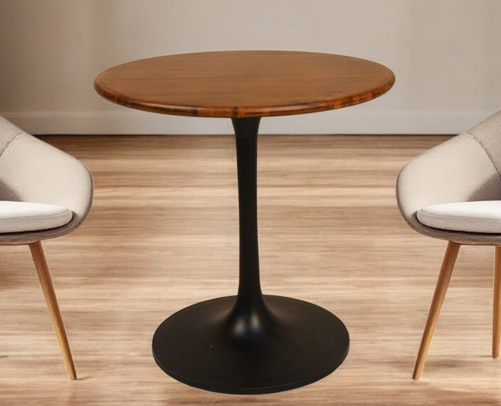 30" Brown And Black Rounded Solid Wood And Iron Pedestal Base Dining Table HomeRoots