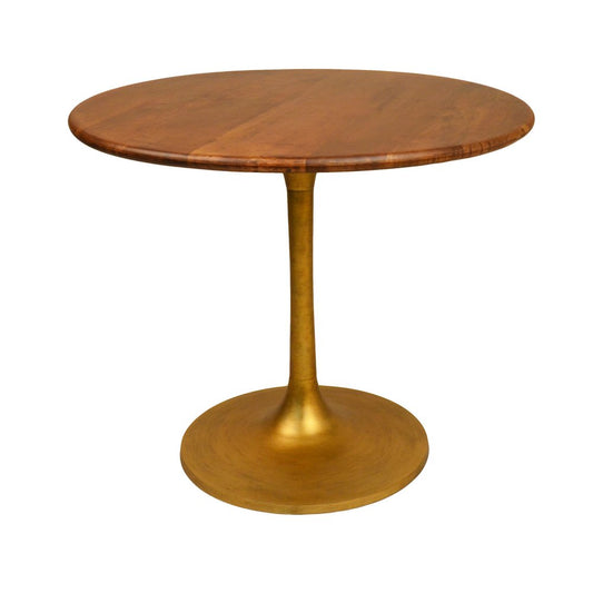36" Brown And Gold Rounded Solid Wood And Iron Pedestal Base Dining Table HomeRoots