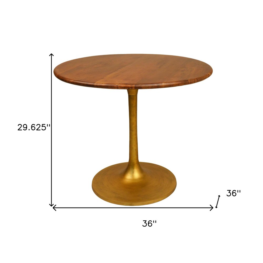 36" Brown And Gold Rounded Solid Wood And Iron Pedestal Base Dining Table HomeRoots