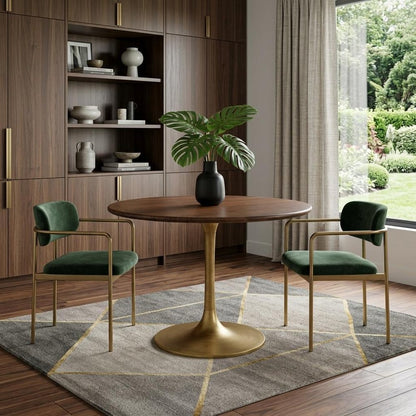 36" Brown And Gold Rounded Solid Wood And Iron Pedestal Base Dining Table HomeRoots