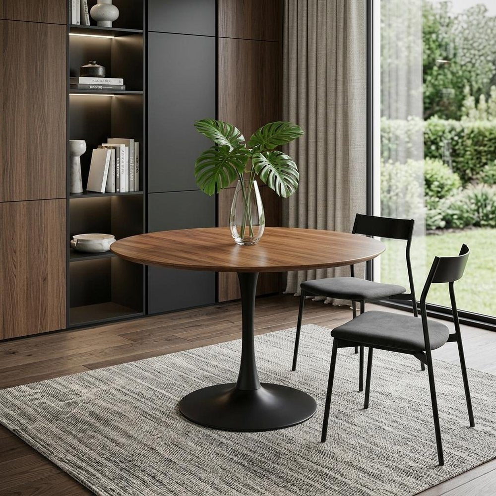 36" Brown And Black Rounded Solid Wood And Iron Pedestal Base Dining Table HomeRoots