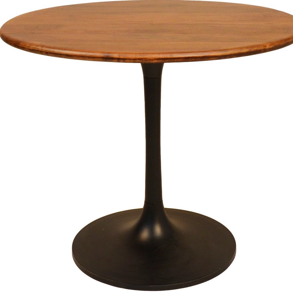 36" Brown And Black Rounded Solid Wood And Iron Pedestal Base Dining Table HomeRoots