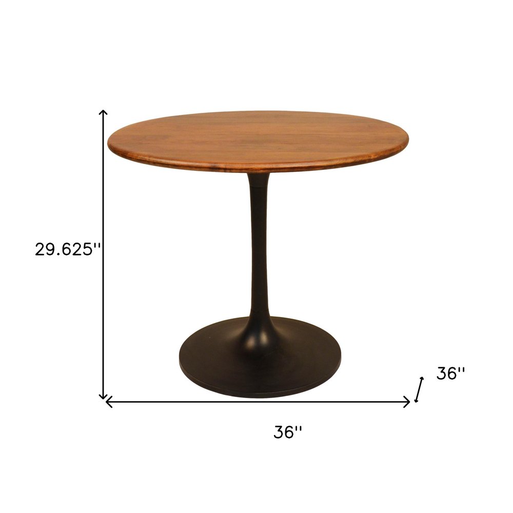36" Brown And Black Rounded Solid Wood And Iron Pedestal Base Dining Table HomeRoots