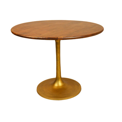 40" Brown and Gold Rounded Solid Wood and Iron Pedestal Base Dining Table