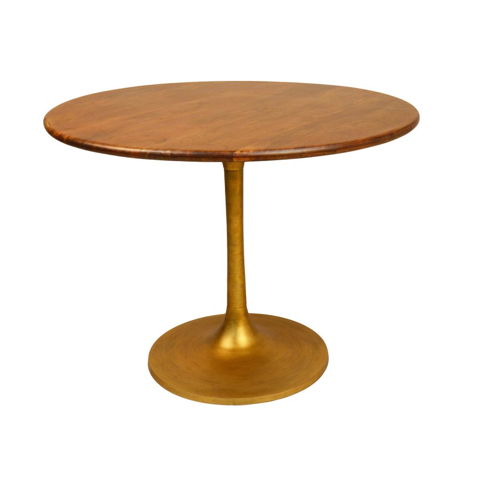 40" Brown And Gold Rounded Solid Wood And Iron Pedestal Base Dining Table HomeRoots