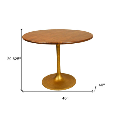 40" Brown and Gold Rounded Solid Wood and Iron Pedestal Base Dining Table