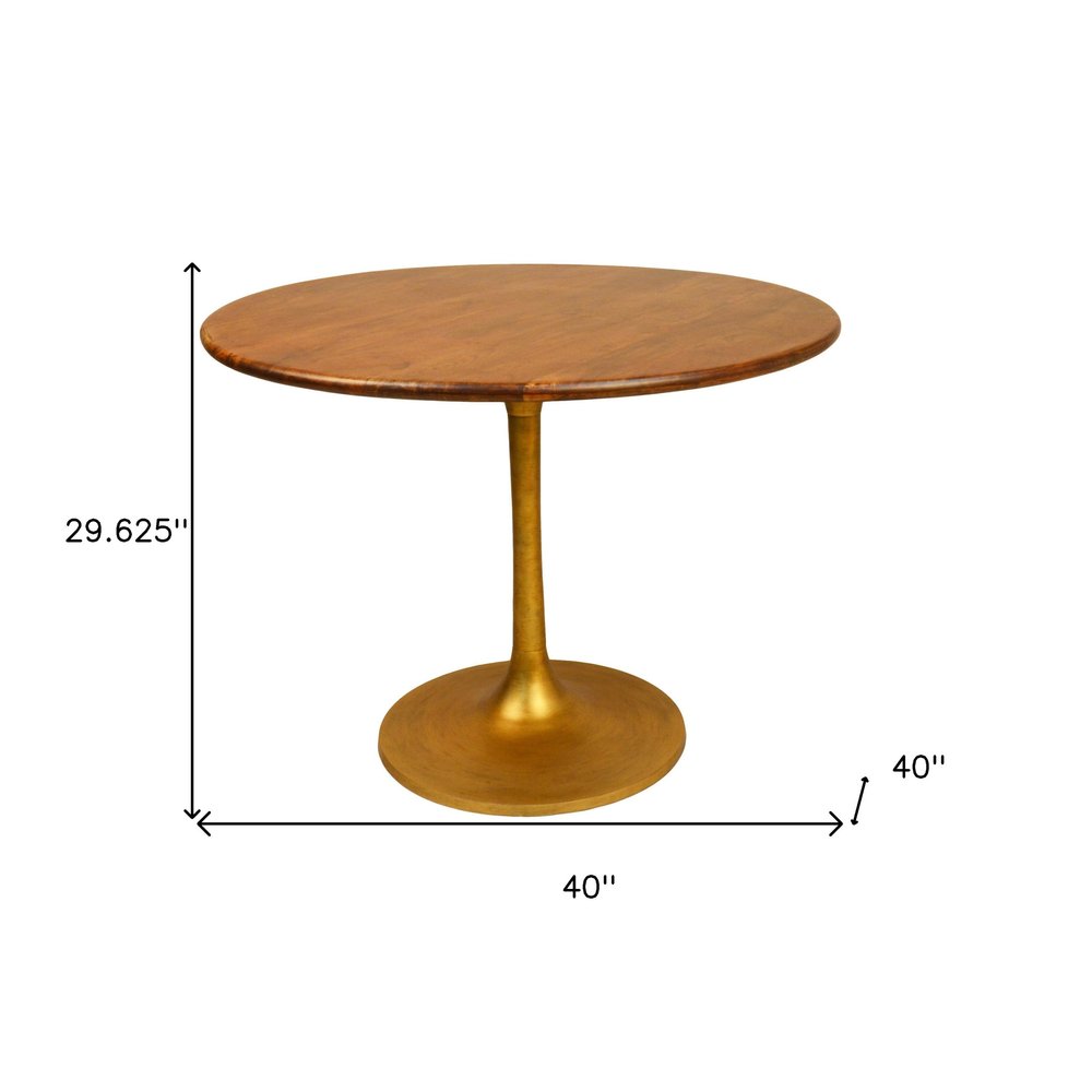 40" Brown And Gold Rounded Solid Wood And Iron Pedestal Base Dining Table HomeRoots