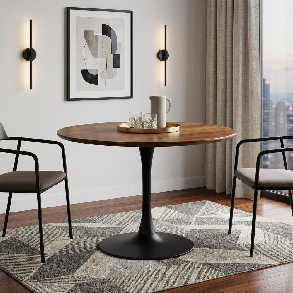 40" Brown And Black Rounded Solid Wood And Iron Pedestal Base Dining Table HomeRoots