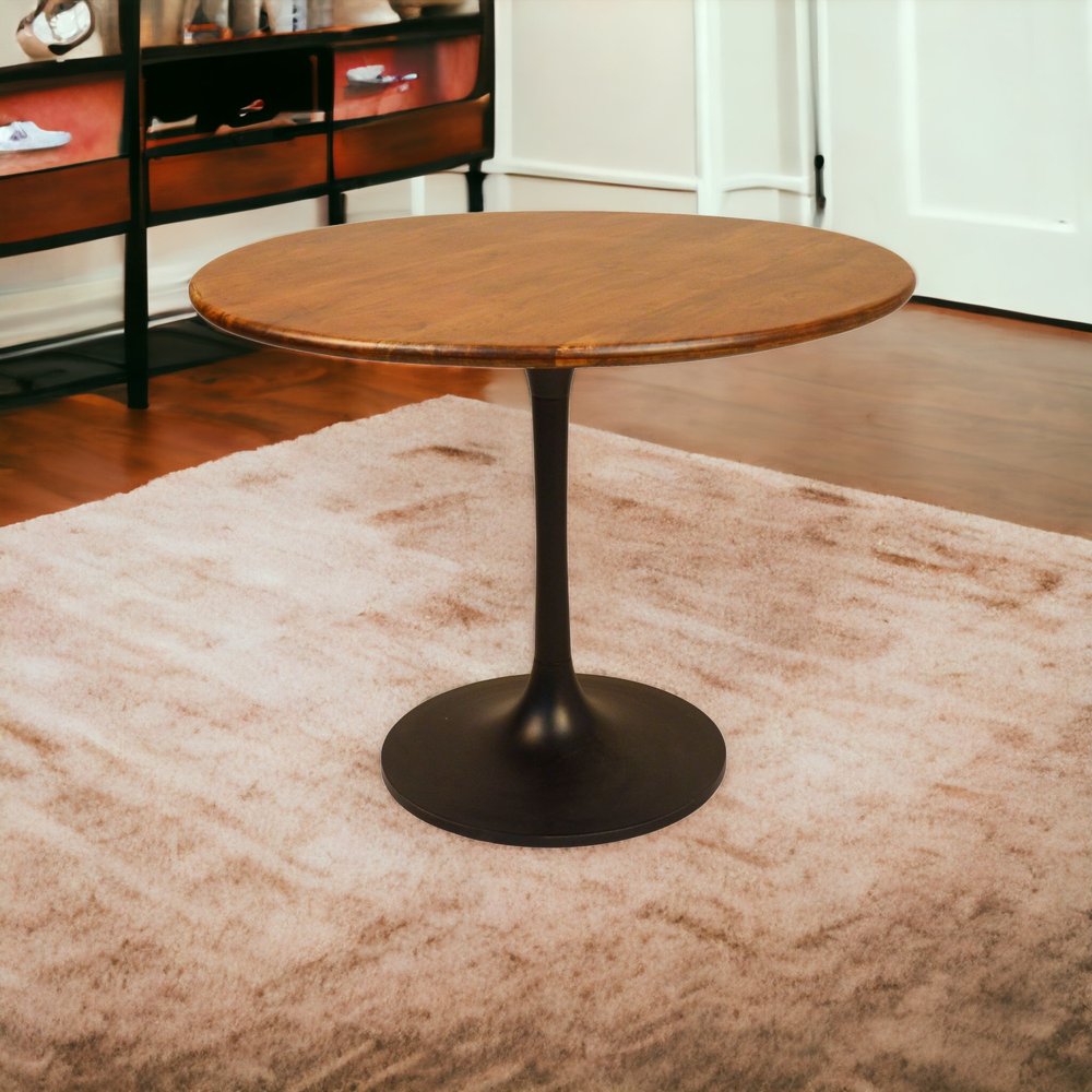 40" Brown And Black Rounded Solid Wood And Iron Pedestal Base Dining Table HomeRoots