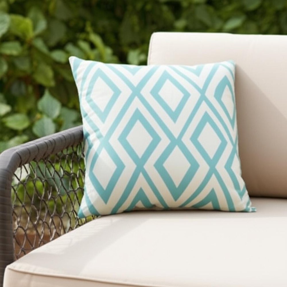 20" Aqua and White Geometric Indoor Outdoor Throw Pillow — view 7