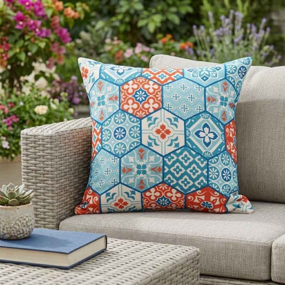 20" X 20" Blue Zippered Patchwork Indoor Outdoor Throw Pillow — view 8