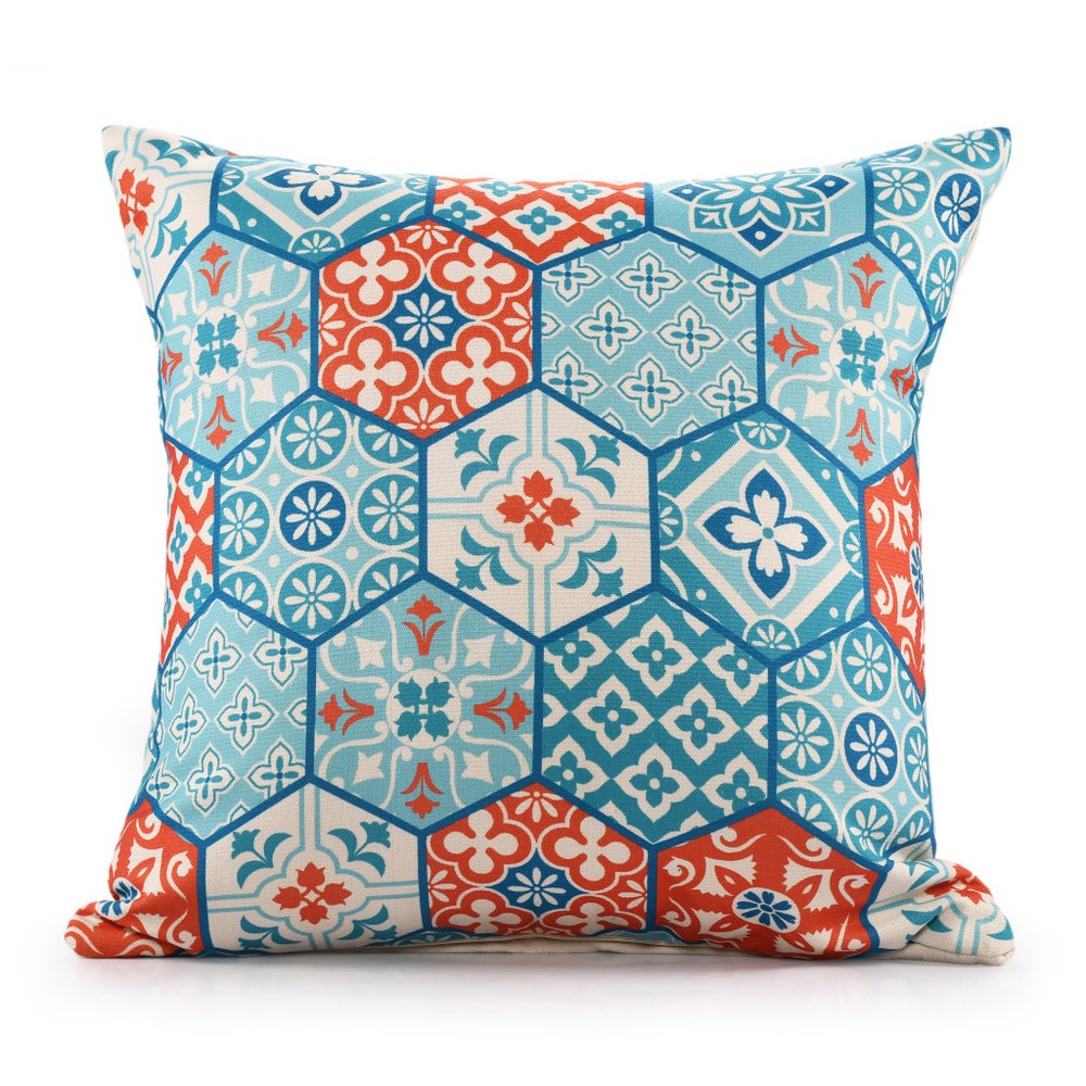 20" X 20" Blue Zippered Patchwork Indoor Outdoor Throw Pillow — view 1