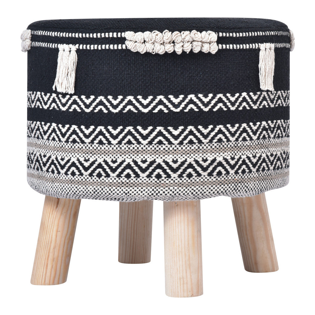 16" Black And White Cotton And Natural Round Chevron Ottoman