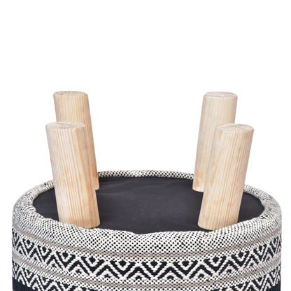 16" Black And White Cotton And Natural Round Chevron Ottoman